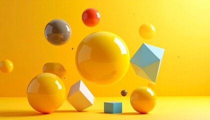 Floating geometric shapes—spheres, cubes, polyhedrons—against a bright yellow backdrop with painterly depth—evoke crafted motion, symbolic abstraction, and the rhythm of playful structure and vibrant 