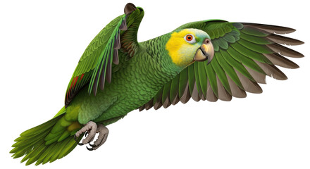 Isolated Yellow-crowned Amazon parrot in flight, a beautiful exotic bird, no background
