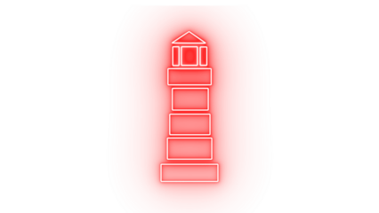 Red neon sign of a lighthouse, isolated on transparent background