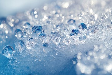 A macro shot reveals delicate ice crystals and frozen water droplets glistening in soft, diffused light.