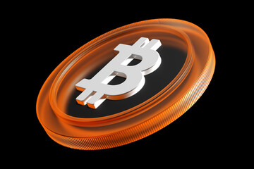 Cryptocurrency Bitcoin BTC 3D transparent coin isolated on black background. High quality 3D rendering suitable for cryptocurrency concepts.