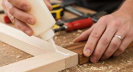 Carpenter applying wood glue to join wooden pieces.