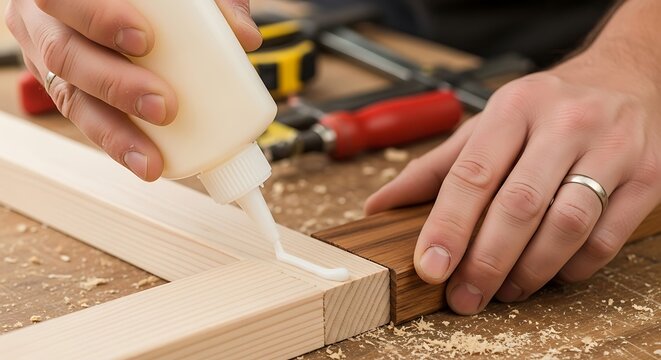 Carpenter applying wood glue to join wooden pieces.