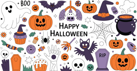 Whimsical Halloween illustration with pumpkins, ghosts, bats, and spooky elements