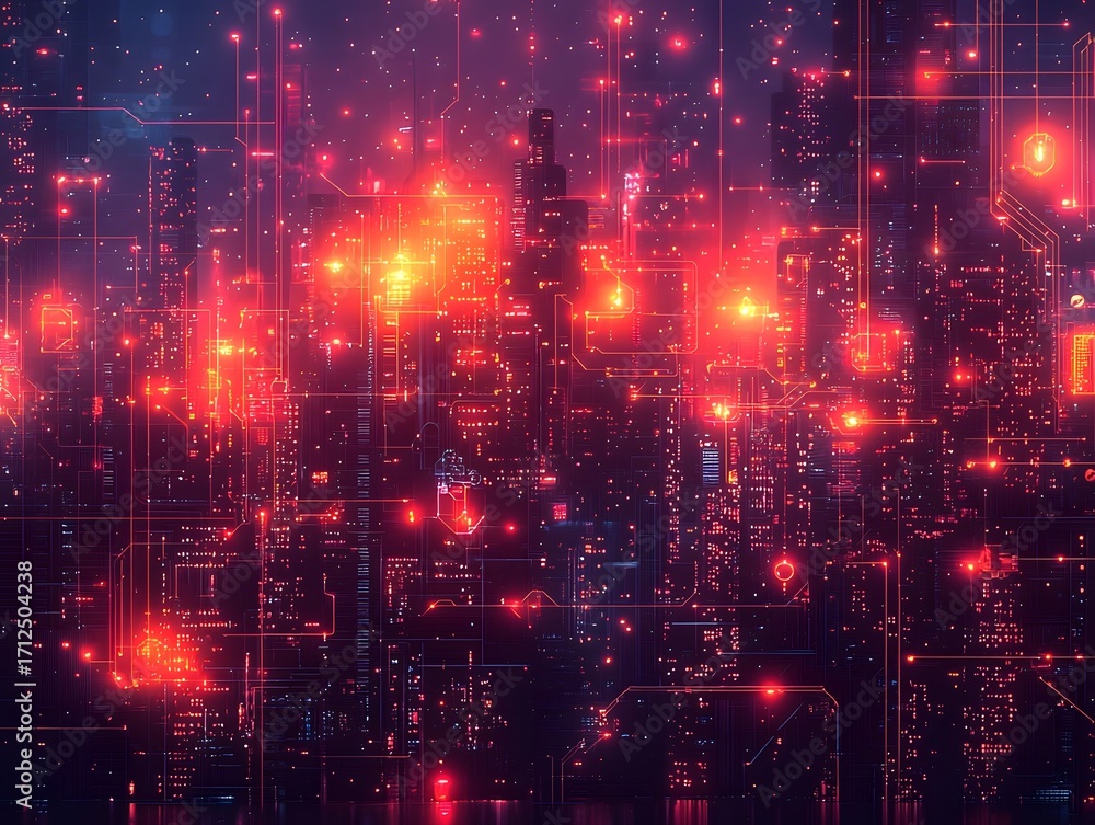 Poster futuristic abstract cityscape with glowing digital circuit patterns and data network connections