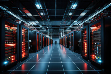 Fototapeta premium Dynamic view of a data center featuring rows of servers and red emergency lights blinking