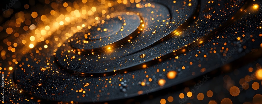 Poster abstract golden particles and swirling patterns illuminate a dark textured surface with a cosmic fee