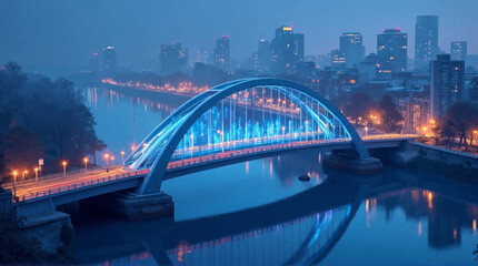 Illuminated bridge spans a river at night, reflecting in the water, with a city skyline in the background under a hazy, blue-toned sky.