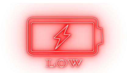 Red neon low battery icon with lightning bolt symbol isolated on transparent background