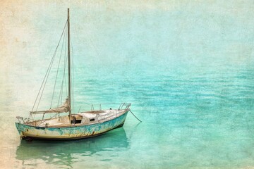 A vintage sailboat, worn and weathered, gently floats on calm, turquoise waters under a soft, textured sky.
