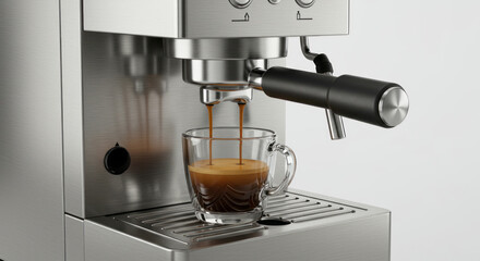 Espresso Machine Brewing Coffee into a Glass Cup.