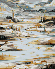 An abstract painting composed of sweeping brown, white, and cream swirls, evoking the earthy tones of a western landscape