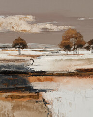 An abstract painting composed of sweeping brown, white, and cream swirls, evoking the earthy tones of a western landscape