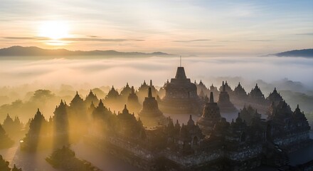 Naklejka premium Sunrise at Plaosan Temple, Indonesia