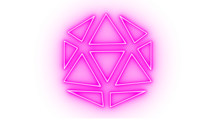 Pink neon geometric polyhedron shape isolated on transparent background, abstract digital art