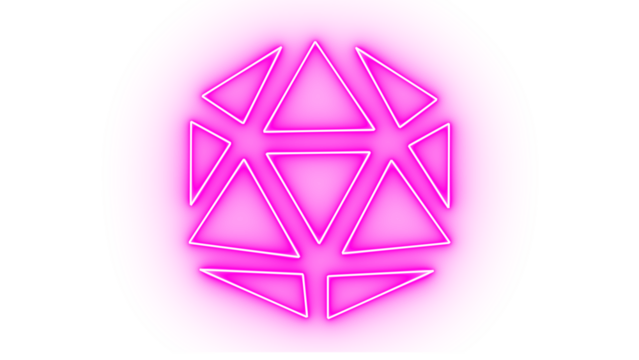 Pink neon geometric polyhedron shape isolated on transparent background, abstract digital art