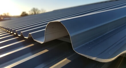 Close-up of a dark gray corrugated metal roof with a clear sky in the background, showcasing the texture and lines of the roofing material.