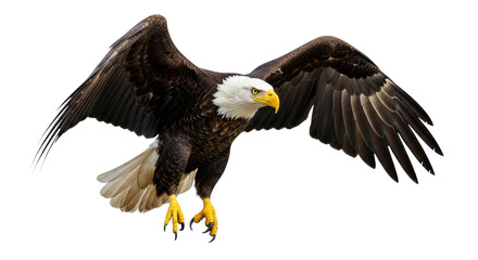 Isolated Flying Bald Eagle with Wings Extended Showing Feathers and Sharp Yellow Claws