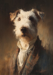 A whimsical portrait of a Scottish white terrier dog dressed in a tailored suit