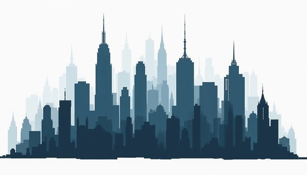Flat style city skyline with skyscrapers in blue gradient for urban background