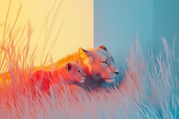 A lioness and her cub resting in tall grass, bathed in split lighting of warm and cool tones, creating a serene atmosphere.