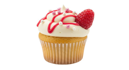 Isolated raspberry cupcake, topped with creamy frosting, red drizzle and sprinkles, delicious