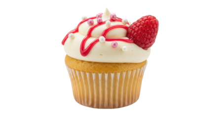 Isolated raspberry cupcake, topped with creamy frosting, red drizzle and sprinkles, delicious