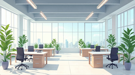 Modern open-plan office space with city views and plants.