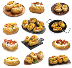 Tasty baked potatoes with stuffings isolated on white, set
