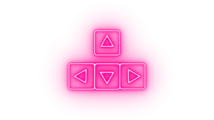 Pink neon directional arrow buttons isolated on transparent background