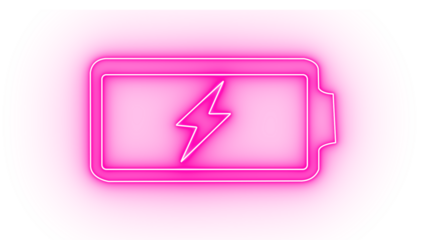 Pink neon battery icon with lightning bolt, symbolizing power and energy isolated on transparent background