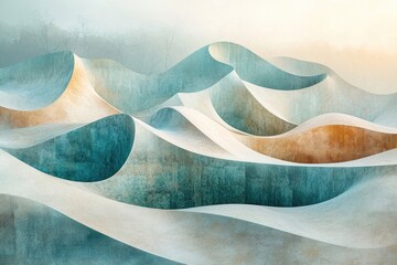 Abstract landscape with turquoise, white, and gold waves resembling sand dunes against a misty background of trees in the distance.