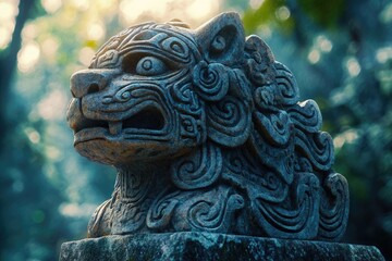 A carved stone lion sculpture with intricate details, set against a soft-focus background of foliage and dappled sunlight.