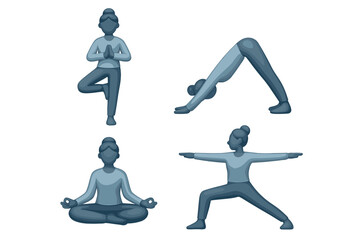 Various yoga poses illustrated by cartoon figures practicing mindfulness and fitness in a serene setting