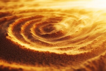 Golden sand dunes form a mesmerizing spiral pattern, bathed in warm, ethereal light and rich texture.