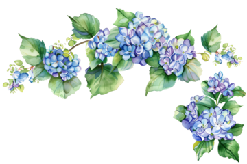 Bright blue flowers with green leaves arranged on a transparent background for decorative purposes