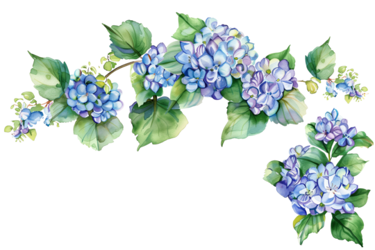 Bright blue flowers with green leaves arranged on a transparent background for decorative purposes
