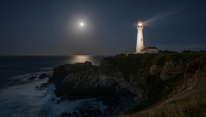 Lighthouse Illuminated by Moonlight at Night
