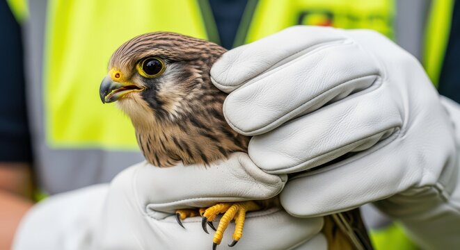 Expert hands gently hold a young kestrel during a conservation effort - Powered by Adobe