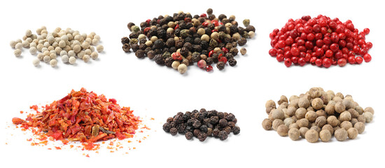 Various types of peppers isolated on white, set