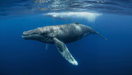 Naklejka premium Majestic Humpback Whale Gliding Through Crystal Blue Waters
