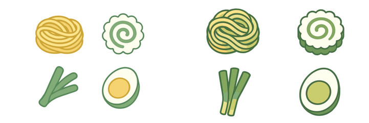 Colorful illustrations of vegetables and noodles arranged in pairs ideal for food-related projects, menus, or educational materials