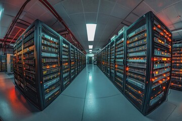 A modern data center room filled with servers. Racks of servers, lights blinking, creating a sense of efficient technological power.