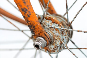 Close-up of an old, rusty bicycle wheel hub, spokes, and front fork against a white background, showing age and deterioration.