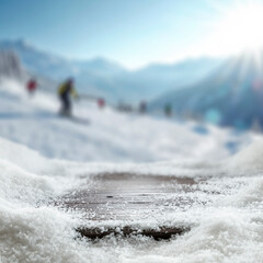 Snow covered copy space for product placement and snowy mountain landscape in the heart of winter,...