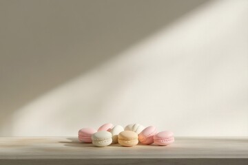 Pastel macarons arranged on a wooden surface with soft lighting and a minimalist, elegant backdrop.