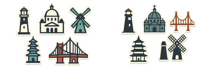 Colorful stickers of famous landmarks including windmills, bridges, and pagodas, creating a vibrant travel theme