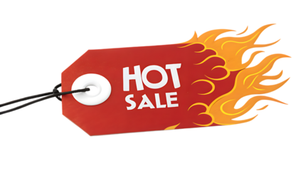 Red hot sale tag with flames bursting from the side representing a limited time offer or a special promotion isolated on transparent background