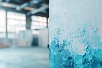 Abstract painting with shades of blue and white, with a blurred studio space in the background giving depth and context.