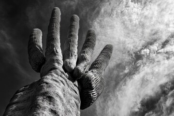 Monochrome image of a saguaro cactus reaching towards a cloudy sky, capturing the stark beauty of the desert landscape.